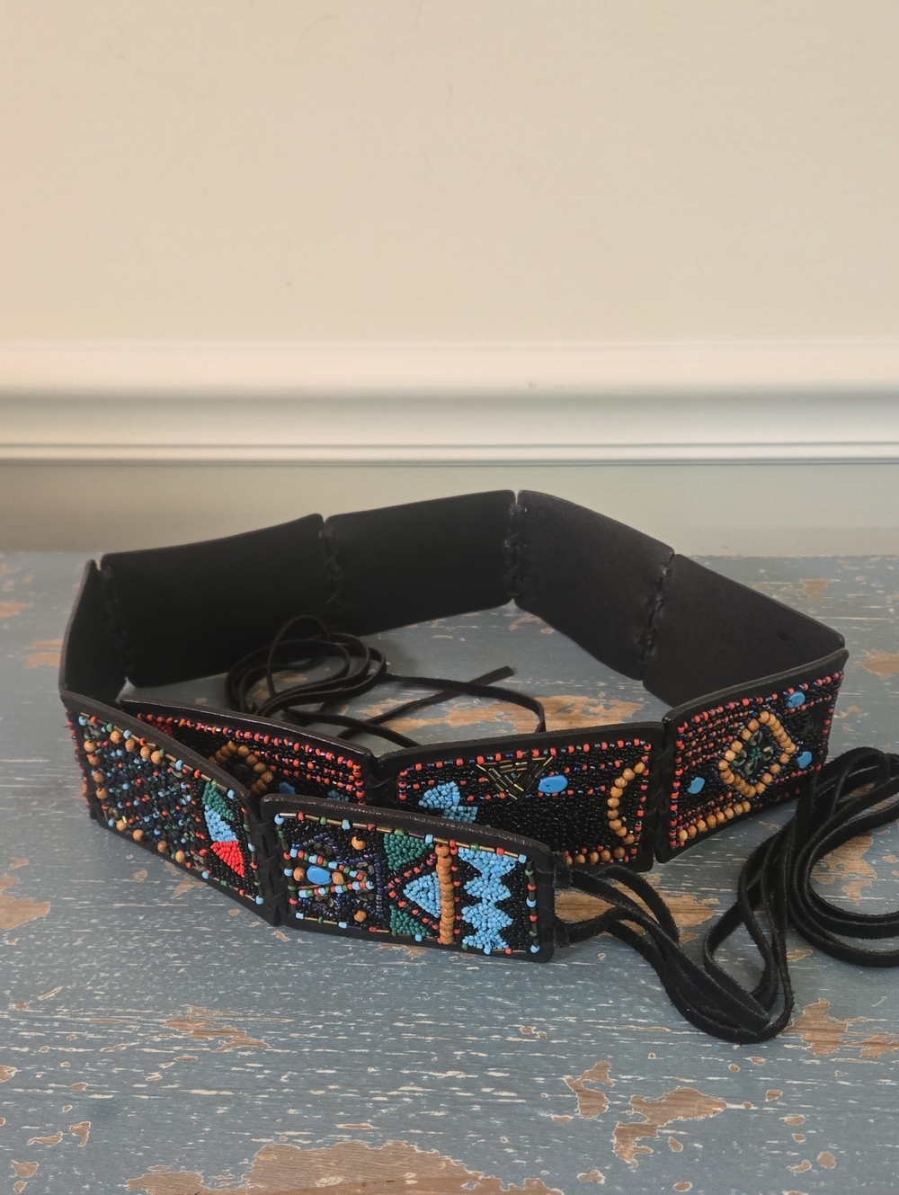 Chico's Black Beaded Embroidered Lace-Up Waist Belt with Multicolor Accents